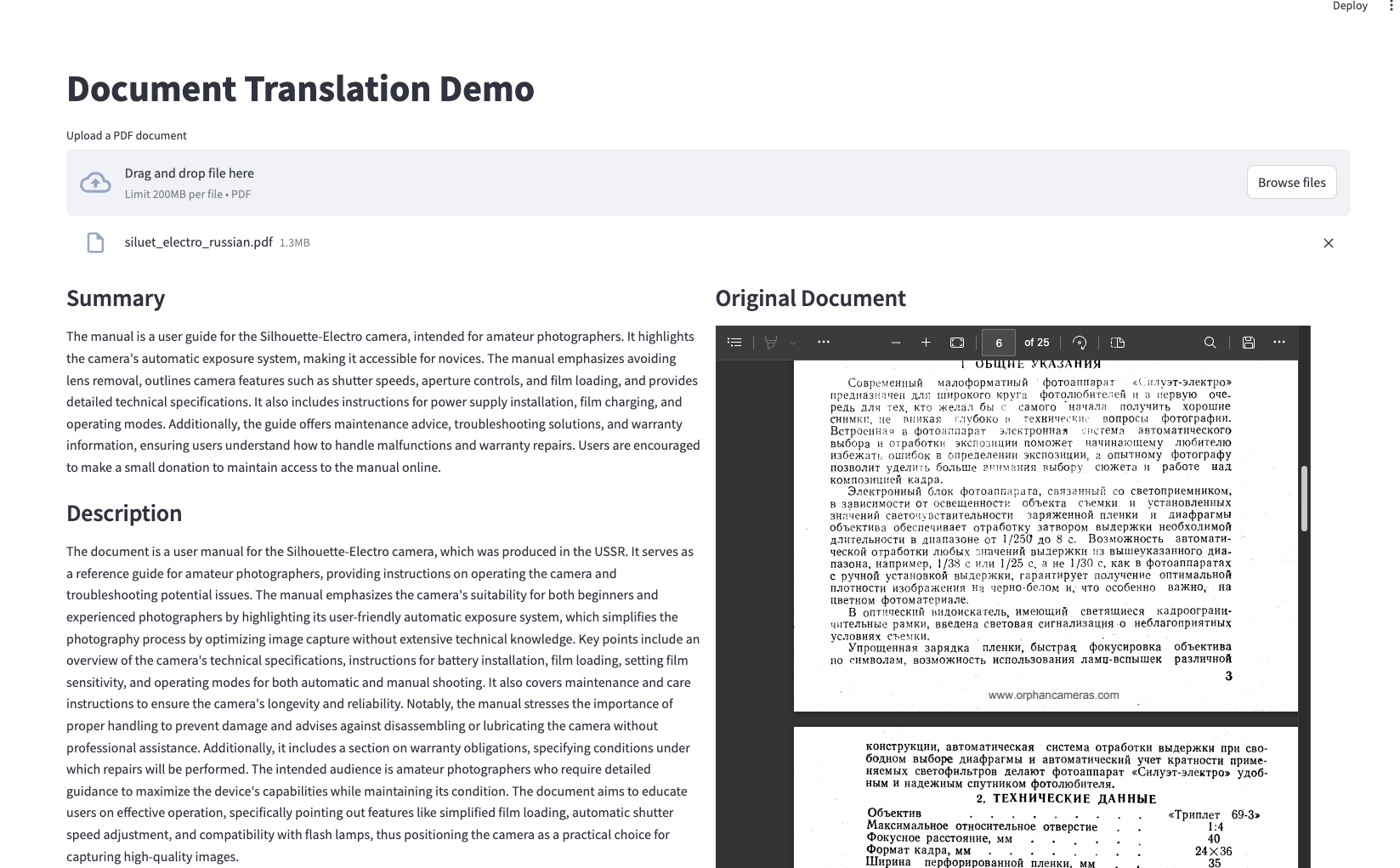 Streamlit interface showing PDF upload and translated JSON output